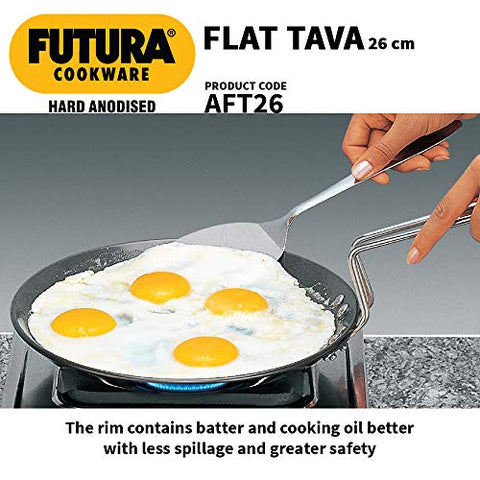 Futura Hard Anodised Flat Tava Griddle, 10-Inch, 4.88mm with Steel Handle, Black