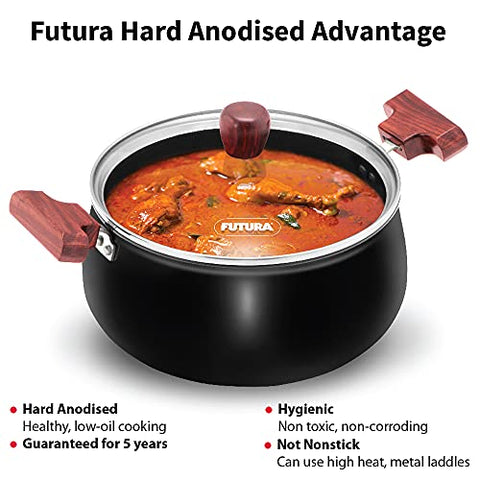 FUTURA Hawkins with 4 liters cook and serve handi glass lid, hard anodized biryani handi, pot, black (ACH40G)