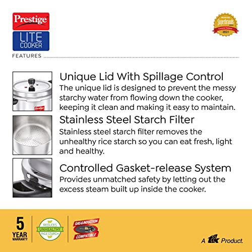 Prestige Svachh Lite Stainless Steel Pressure Cooker, with Stainless Steel Starch Filter (4 Liter)
