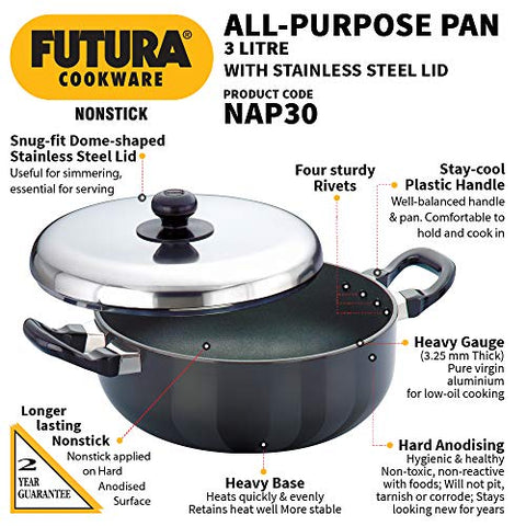 Futura Non Stick 9-Inch All Purpose Frying Pan with Stainless Steel Lid, 3.0-Liter