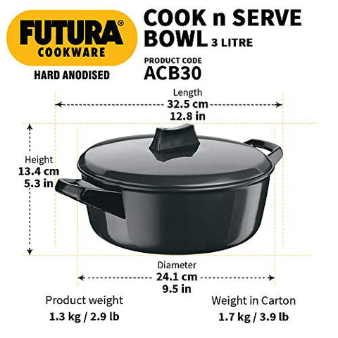 Hawkins/Futura Hard Anodised Cook and Serve Stewpot/Bowl, 3-Liter, 3.17 quarts, Black