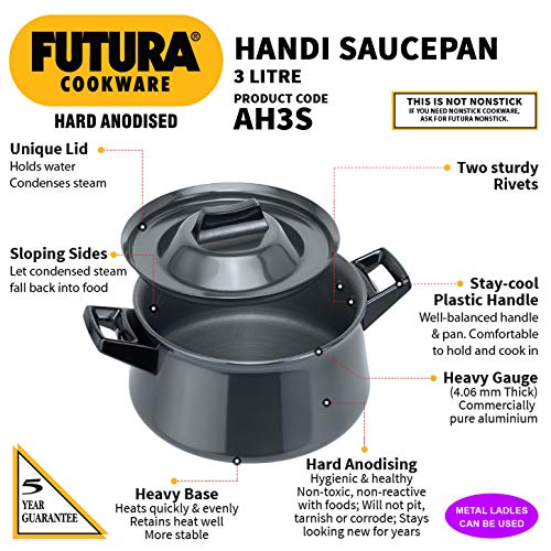 Futura Hard Anodised Handy Sauce Pan with Lid and 2 Handles, 3-Liter,Black,21cm