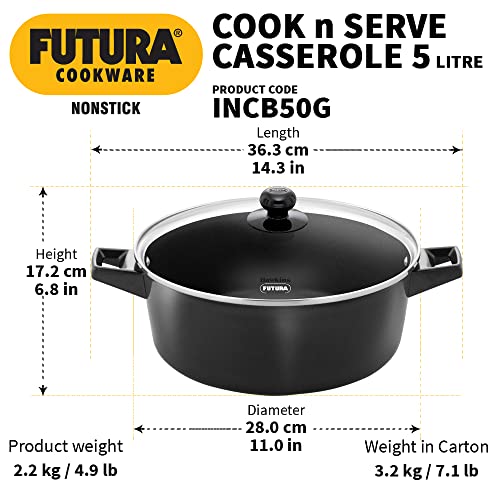 Hawkins Futura 5 Litre Cook n Serve Casserole, Non Stick Saucepan with Glass Lid, Induction Sauce Pan for Cooking and Serving, Black (INCB50G)