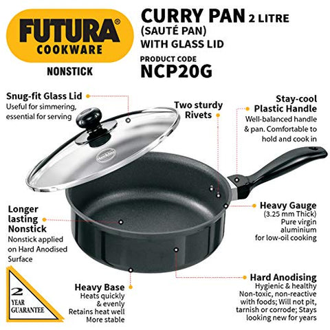 Futura Non-Stick Saute' Curry Pan with Glass Lid, 2 Litres