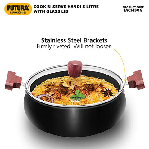 Hawkins Futura 5 Litre Cook n Serve Handi, Hard Anodised Biryani Handi with Glass Lid, Induction Saucepan, Sauce Pan, Black (IACH50G)