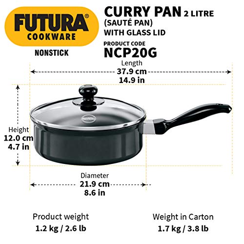 Futura Non-Stick Saute' Curry Pan with Glass Lid, 2 Litres