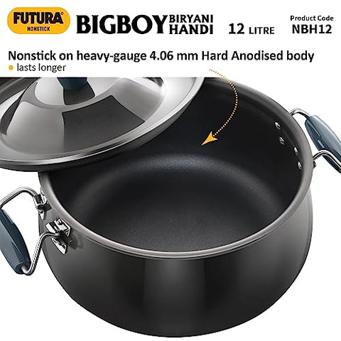 Hawkins Futura 12 Litre BigBoy Biryani Handi, Non Stick Pot with Hard Anodised Lid, Sauce Pan for Cooking and Serving Biriyani, Black (NBH12)