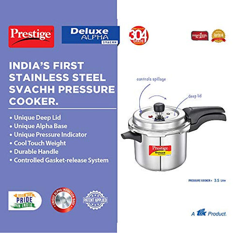 Prestige Svachh Alpha Stainless Steel Pressure Cooker, 3.5 Liter, Silver