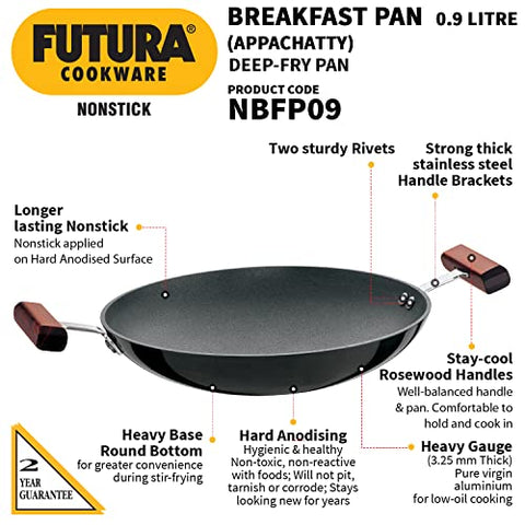 Hawkins Futura 0.9 Litre Breakfast Pan, Non Stick Appachatty, Chetty Pan, Appam Patra, Round Bottom Small Kadai, Black (NBFP09)