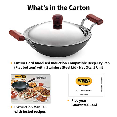 Futura IL23 Induction Compatible Hard Anodised Flat Bottom Deep Fry Pan / Kadhai with Steel Lid, 2.5 Liter