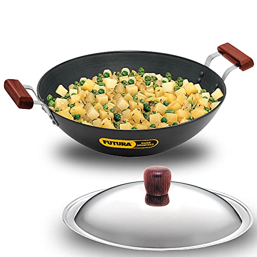 Futura L-47 Hard Anodised Flat Bottom Deep Fry Pan / Kadhai with Stainless Steel Lid, 5-Liter