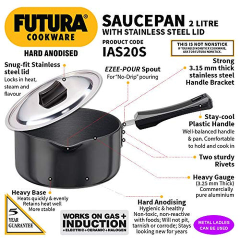 Futura Induction Hard Anodised Induction Base Sauce Pan with Steel Lid and Ezee-Pour Spout, 2 L, Small, Black