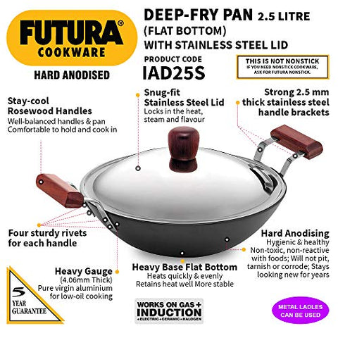 Futura IL23 Induction Compatible Hard Anodised Flat Bottom Deep Fry Pan / Kadhai with Steel Lid, 2.5 Liter