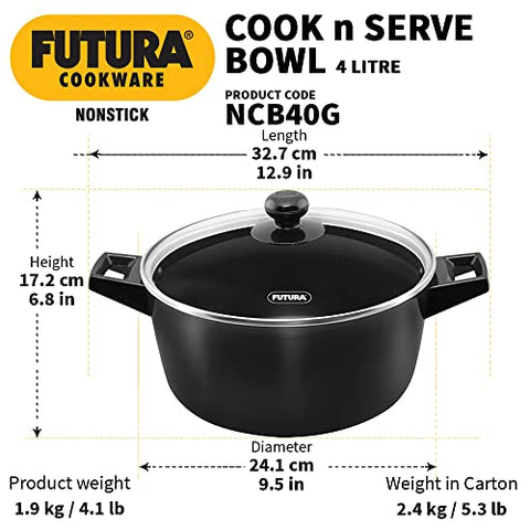 Hawkins Futura 4 Litre Cook n Serve Bowl, Non Stick Saucepan with Glass Lid, Sauce Pan for Cooking and Serving, Black (NCB40G)