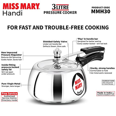 Hawkins Miss Mary Handi Pressure Cooker, 3 Litre, Silver (MMH30)