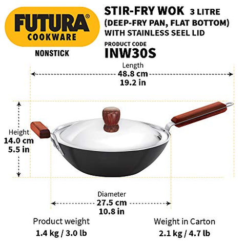 FUTURA INW30S 3 L Non-Stick Induction Stir Fry Wok, Medium, Black