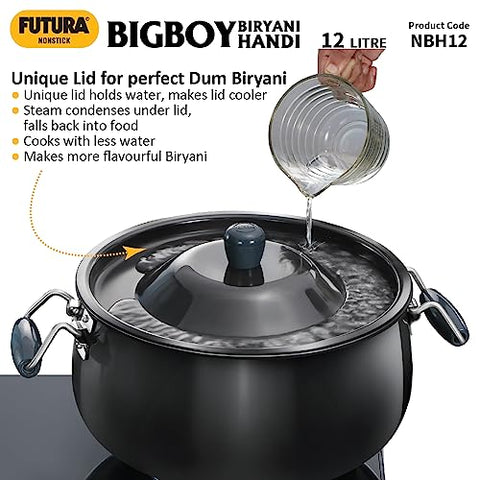 Hawkins Futura 12 Litre BigBoy Biryani Handi, Non Stick Pot with Hard Anodised Lid, Sauce Pan for Cooking and Serving Biriyani, Black (NBH12)