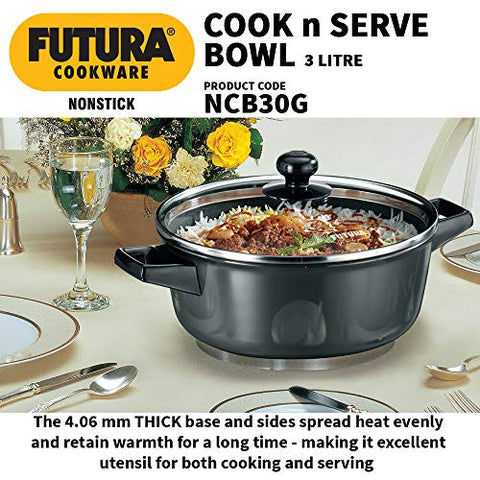 Futura Non-Stick Cook N Serve Bowl with Glass Lid, 3 Litres