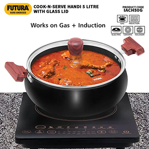 Hawkins Futura 5 Litre Cook n Serve Handi, Hard Anodised Biryani Handi with Glass Lid, Induction Saucepan, Sauce Pan, Black (IACH50G)