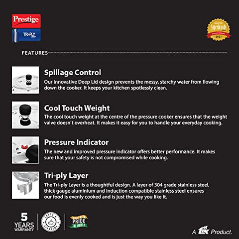 Prestige Svachh Triply Outer Lid Pressure Cooker with Unique Deep Lid, 3.5 Litre, Silver