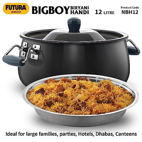 Hawkins Futura 12 Litre BigBoy Biryani Handi, Non Stick Pot with Hard Anodised Lid, Sauce Pan for Cooking and Serving Biriyani, Black (NBH12)