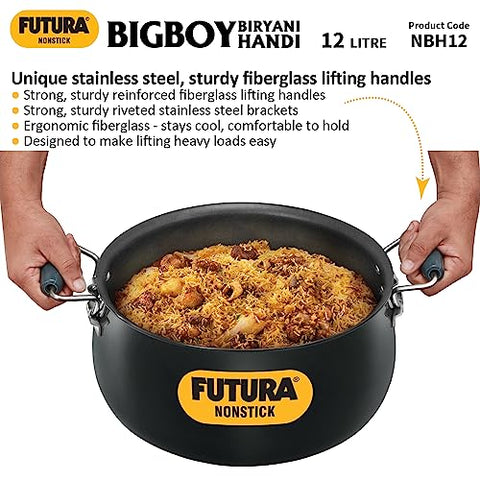 Hawkins Futura 12 Litre BigBoy Biryani Handi, Non Stick Pot with Hard Anodised Lid, Sauce Pan for Cooking and Serving Biriyani, Black (NBH12)