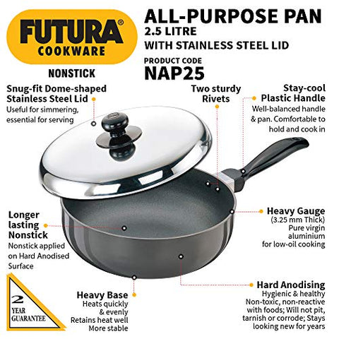 Futura Non Stick 9-Inch All Purpose Frying Pan with Stainless Steel Lid, 2.5-Liter