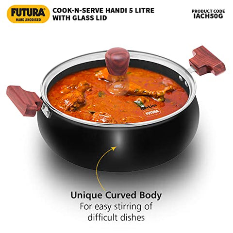 Hawkins Futura 5 Litre Cook n Serve Handi, Hard Anodised Biryani Handi with Glass Lid, Induction Saucepan, Sauce Pan, Black (IACH50G)