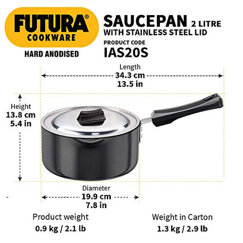 Futura Induction Hard Anodised Induction Base Sauce Pan with Steel Lid and Ezee-Pour Spout, 2 L, Small, Black