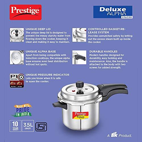 Prestige Svachh Alpha Stainless Steel Pressure Cooker, 3.5 Liter, Silver