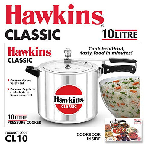 Hawkins Classic Aluminum Pressure Cooker, 10-Liter, Silver