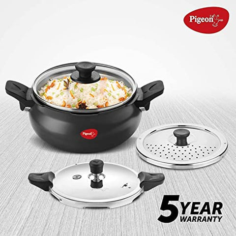 Pigeon By Stovekraft All in One Super Cooker Aluminium with Outer Lid Induction and Gas Stove Compatible 3 Litre Capacity for Healthy Cooking (Black) 620H