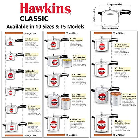 Hawkins Classic Aluminum Pressure Cooker, 10-Liter, Silver