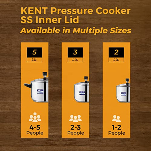 KENT Pressure Cooker SS Inner Lid 5 Litre | 4.6 Heavy Encapsulated Bottom | Injection Moulded Handles for Durability | Lead Free Saftey Valve | Suitable for Induction Cooktops