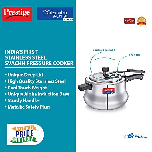 Prestige Nakshatra Alpha Svachh Stainless Steel Gas & Induction Base Pressure Cooker Handi 5.5 Liter