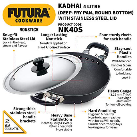 Futura Q 57 Non-Stick Deep-Fry Pan(Kadhai) 4.0 Litre with Steel Lid, 4 Liter, Gray