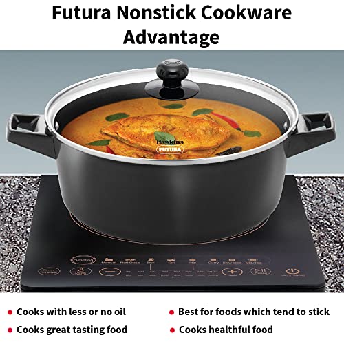 Hawkins Futura 5 Litre Cook n Serve Casserole, Non Stick Saucepan with Glass Lid, Induction Sauce Pan for Cooking and Serving, Black (INCB50G)