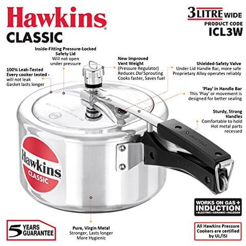 Hawkins Classic 3 liter inner lid aluminum pressure cooker, induction cooker, wide design pan cooker, best cooker, silver (ICL3W)