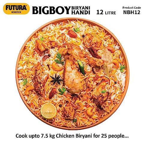 Hawkins Futura 12 Litre BigBoy Biryani Handi, Non Stick Pot with Hard Anodised Lid, Sauce Pan for Cooking and Serving Biriyani, Black (NBH12)