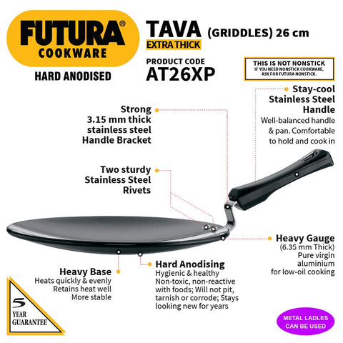 Hawkins Futura 26 cm Tava, Hard Anodised Tawa with Plastic Handle, Extra Thick Tawa, Black (AT26XP)