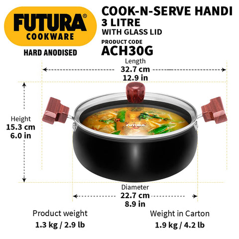 Hawkins Futura 3 Litre Cook n Serve Handi, Hard Anodised Biryani Handi with Glass Lid, Saucepan, Sauce Pan, Black (ACH30G)