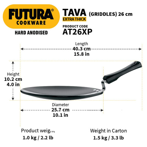 Hawkins Futura 26 cm Tava, Hard Anodised Tawa with Plastic Handle, Extra Thick Tawa, Black (AT26XP)