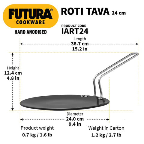 Hawkins Futura 24 cm Roti Tava, Hard Anodised Tawa, Induction Tawa, Black (IART24)