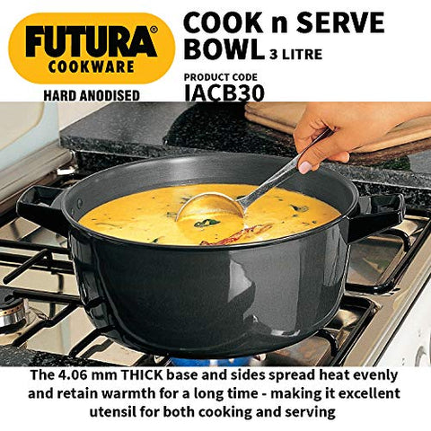 Futura Induction Hard Anodised Cook and Serve Stewpot/Bowl with Induction Base and Lid, 3 L, Small, Black