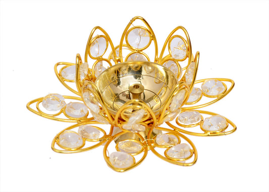 Lotus Crystal Akhand Diya Jyothi Oil Deepam Brass for Puja Home Decor, Pooja Diya.