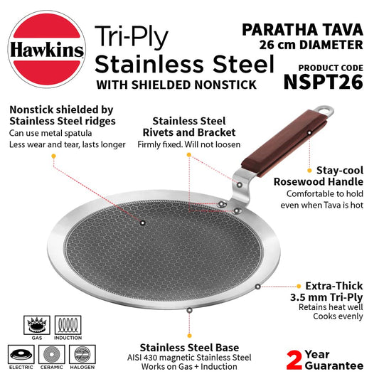 Hawkins 26 cm Paratha Tava, Triply Stainless Steel Shielded Nonstick Tawa with Rosewood Handle, Honeycomb Non Stick Induction Tawa, Silver (NSPT26)