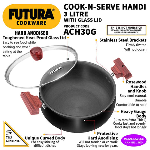 Hawkins Futura 3 Litre Cook n Serve Handi, Hard Anodised Biryani Handi with Glass Lid, Saucepan, Sauce Pan, Black (ACH30G)