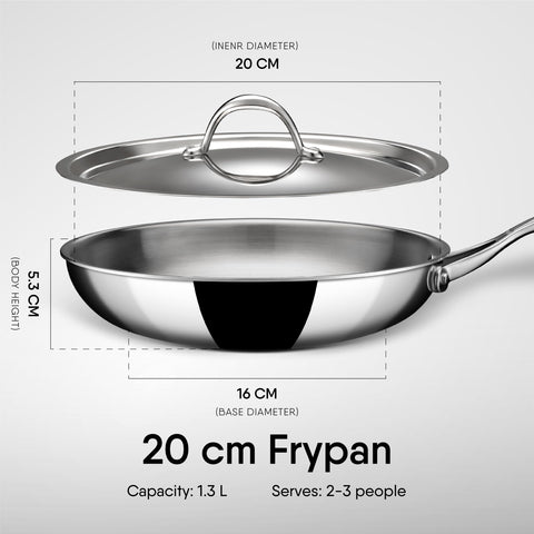 Stahl Triply Stainless Steel Pan | Stainless Steel Frying Pan with Lid | Fry Pan with Induction Base| Artisan 4420, Dia 20 cm, 1.3L (Serves 2 People)