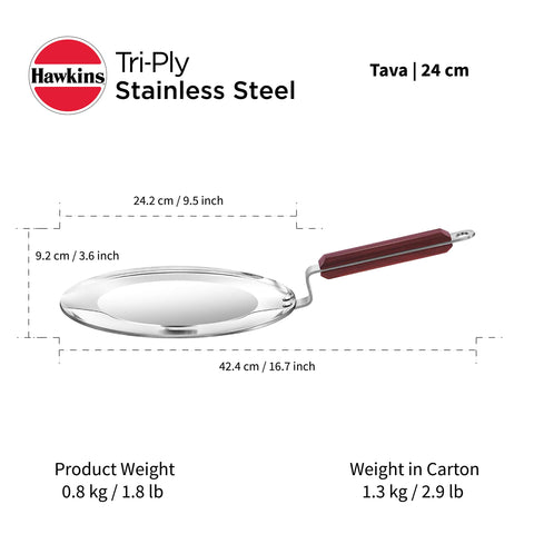 Hawkins 24 cm Tava, Triply Stainless Steel Tawa with Stainless Steel Handle, Induction Tawa, Silver (SSTV24)
