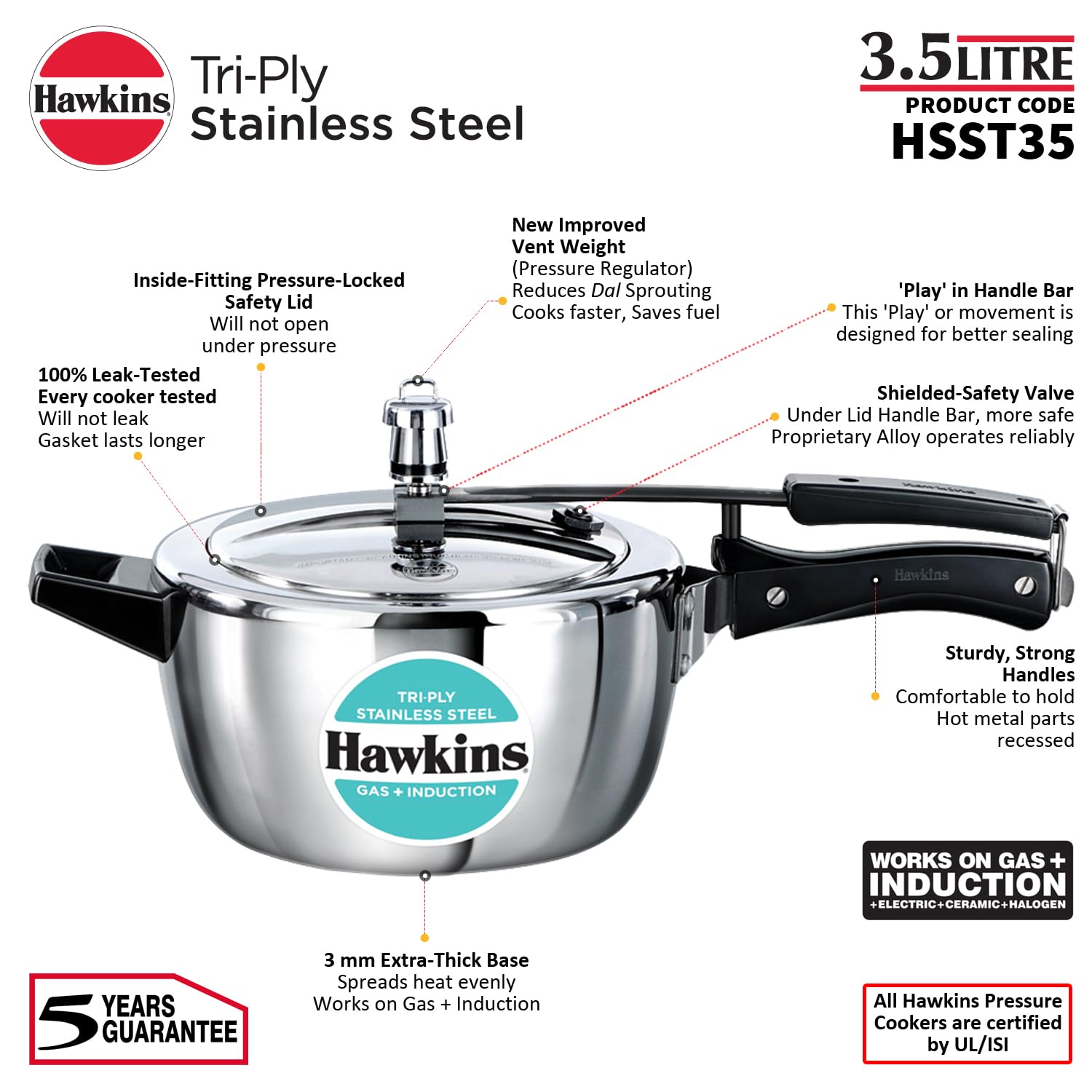 Hawkins 3.5 Litre Triply Stainless Steel Pressure Cooker, Inner Lid Cooker, Silver (HSST35)